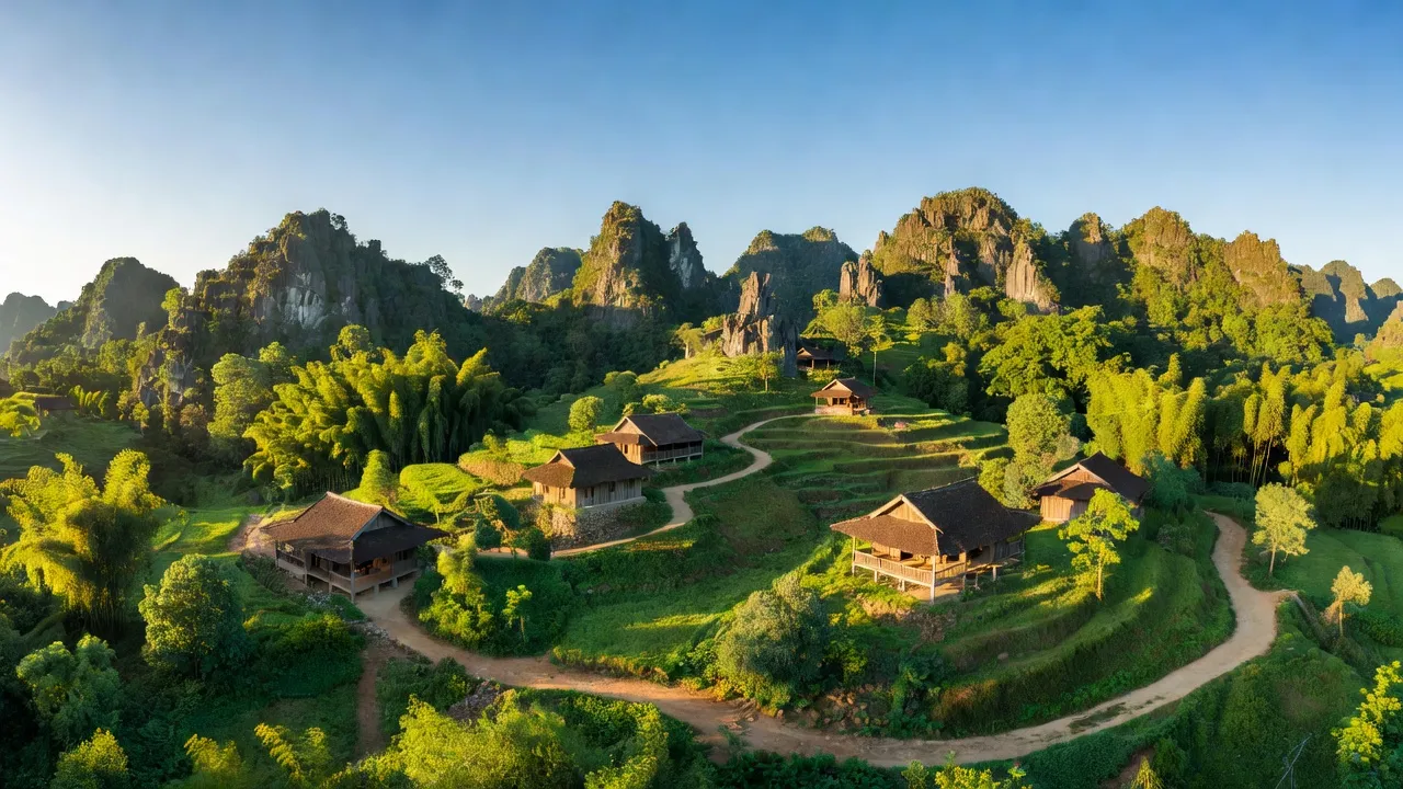 Cảnh quan xã Cô Ngân, huyện Hạ Lang với núi đá vôi và rừng xanh, Việt Nam.
