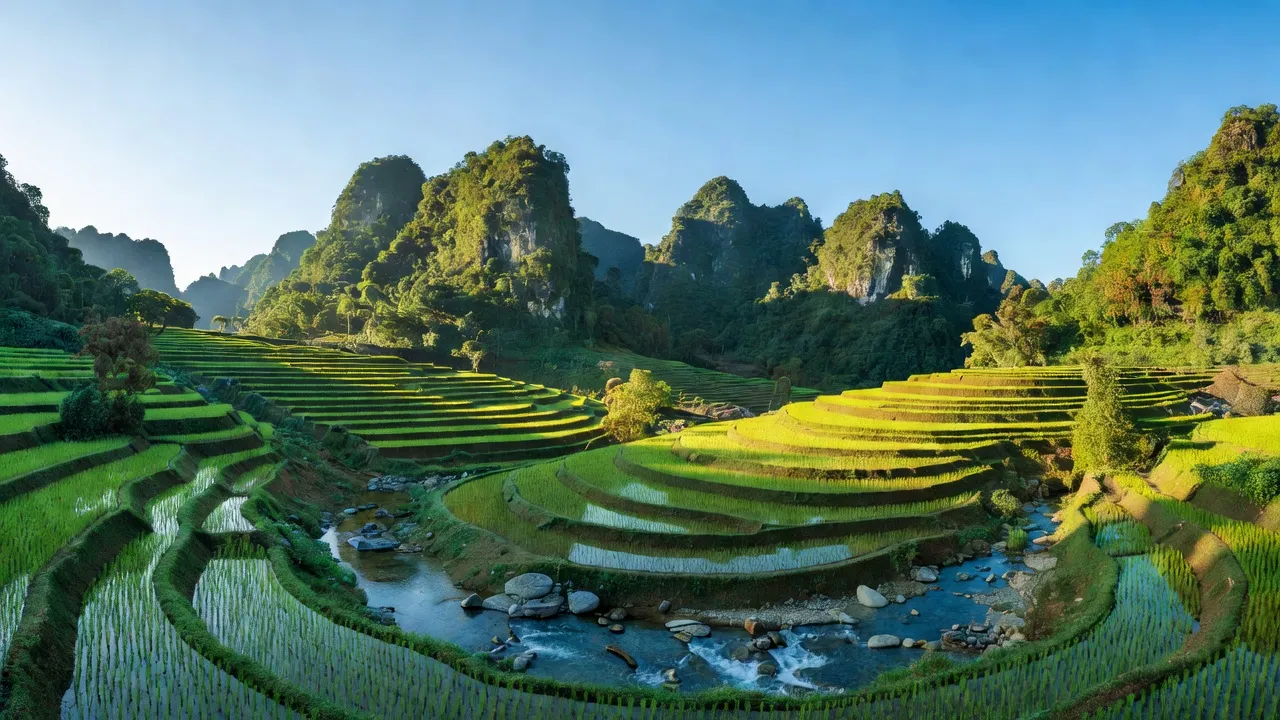 Phong cảnh xã Cô Ngân huyện Hạ Lang, tỉnh Cao Bằng với đồi đá vôi và ruộng bậc thang.