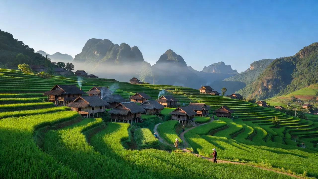 Cảnh đẹp xã Đồng Loan, huyện Hạ Lang, tỉnh Cao Bằng với ruộng bậc thang và núi xanh.