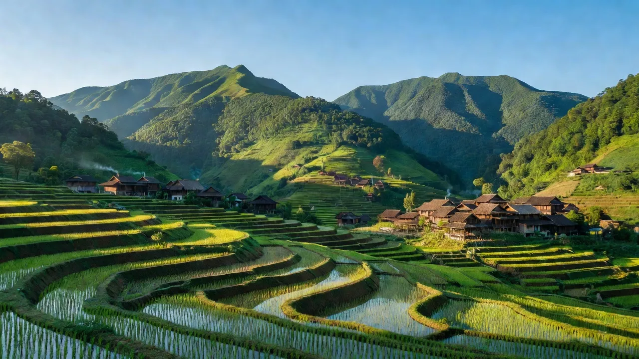 Khung cảnh xã Đồng Loan, huyện Hạ Lang, tỉnh Cao Bằng với núi xanh và nhà sàn truyền thống.