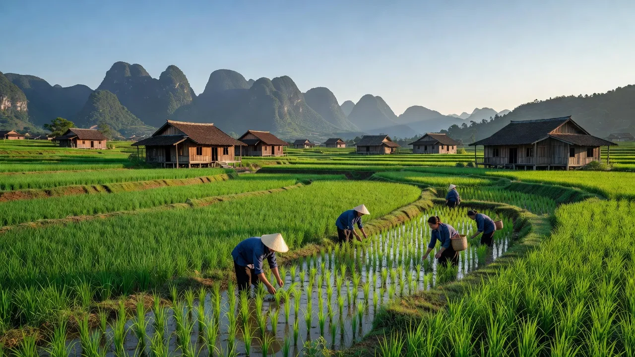 Cảnh đẹp xã Đức Quang, huyện Hạ Lang, tỉnh Cao Bằng với cánh đồng xanh và núi non.