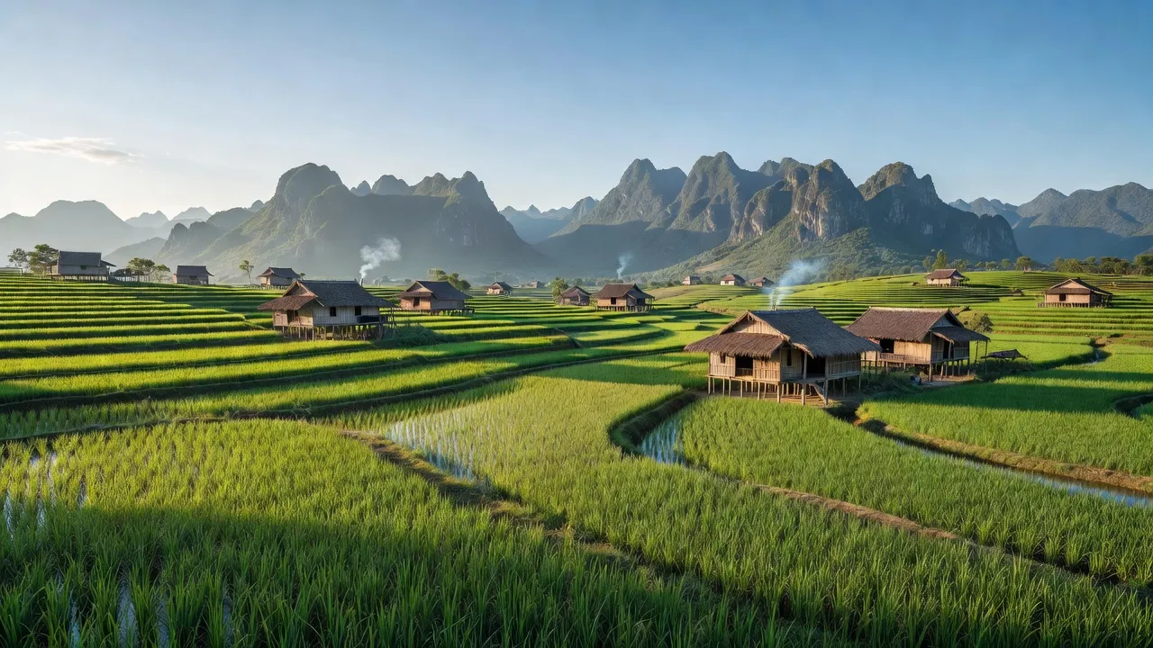 Khung cảnh bình yên tại xã Kim Loan, Huyện Hạ Lang, Tỉnh Cao Bằng với ruộng bậc thang.