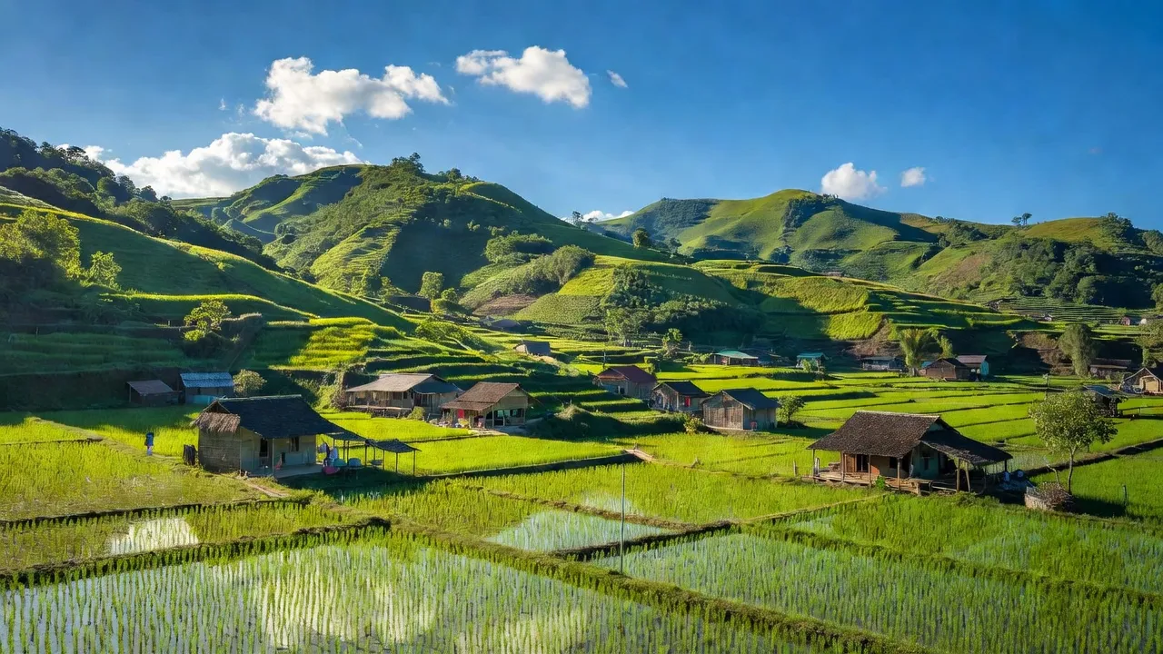 Khung cảnh thiên nhiên xã Kim Loan, huyện Hạ Lang, tỉnh Cao Bằng với đồi xanh và bầu trời trong xanh.