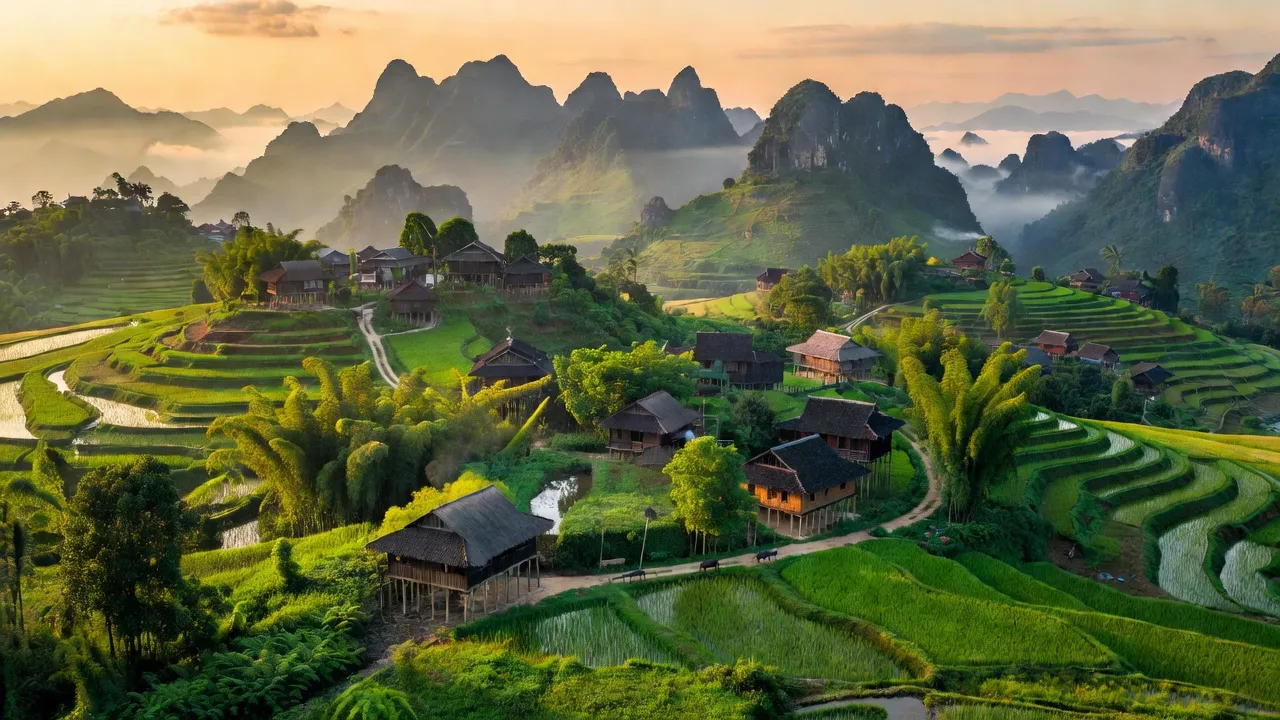 Cảnh quan xã Lý Quốc, Huyện Hạ Lang, tỉnh Cao Bằng với núi non xanh mướt và nhà truyền thống.