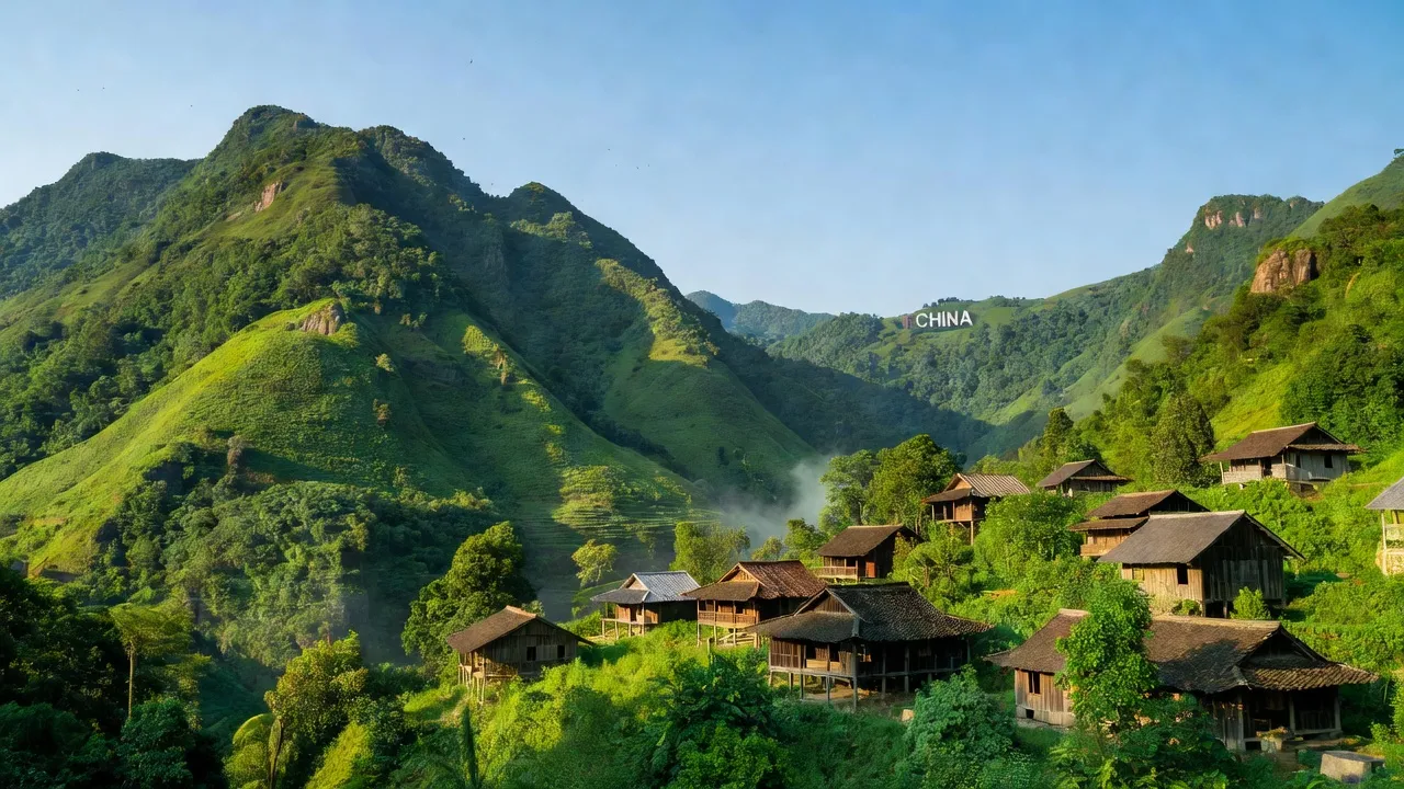 Khung cảnh xã Lý Quốc, Huyện Hạ Lang, với núi xanh và cảnh sắc biên giới Việt-Trung.