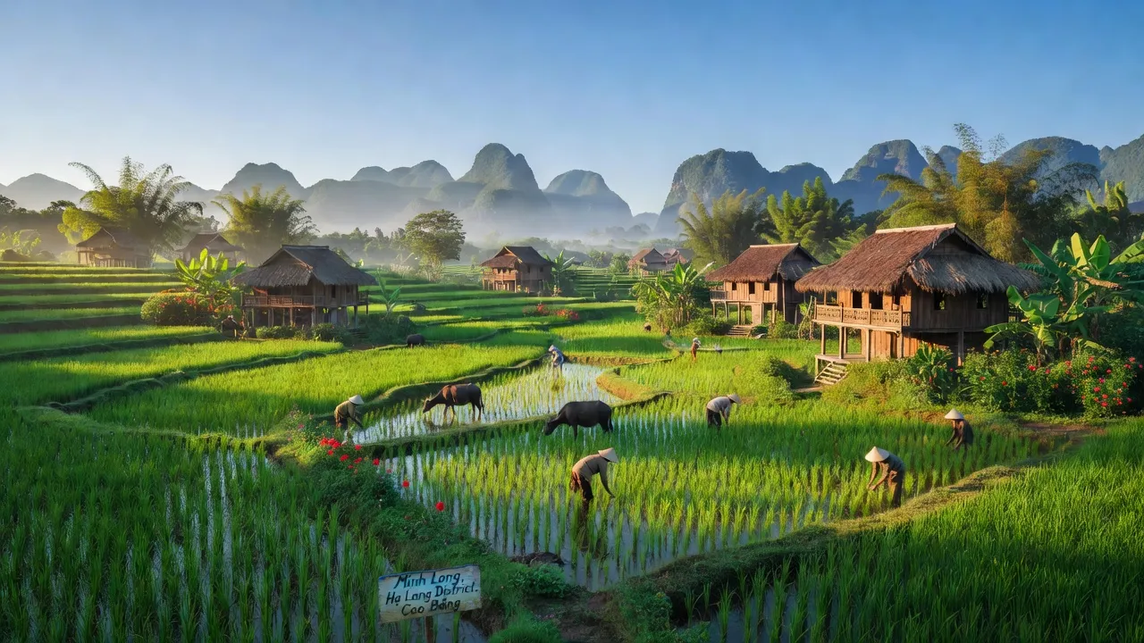 Cảnh quan đẹp của xã Minh Long, huyện Hạ Lang, tỉnh Cao Bằng với ruộng bậc thang và nhà truyền thống.