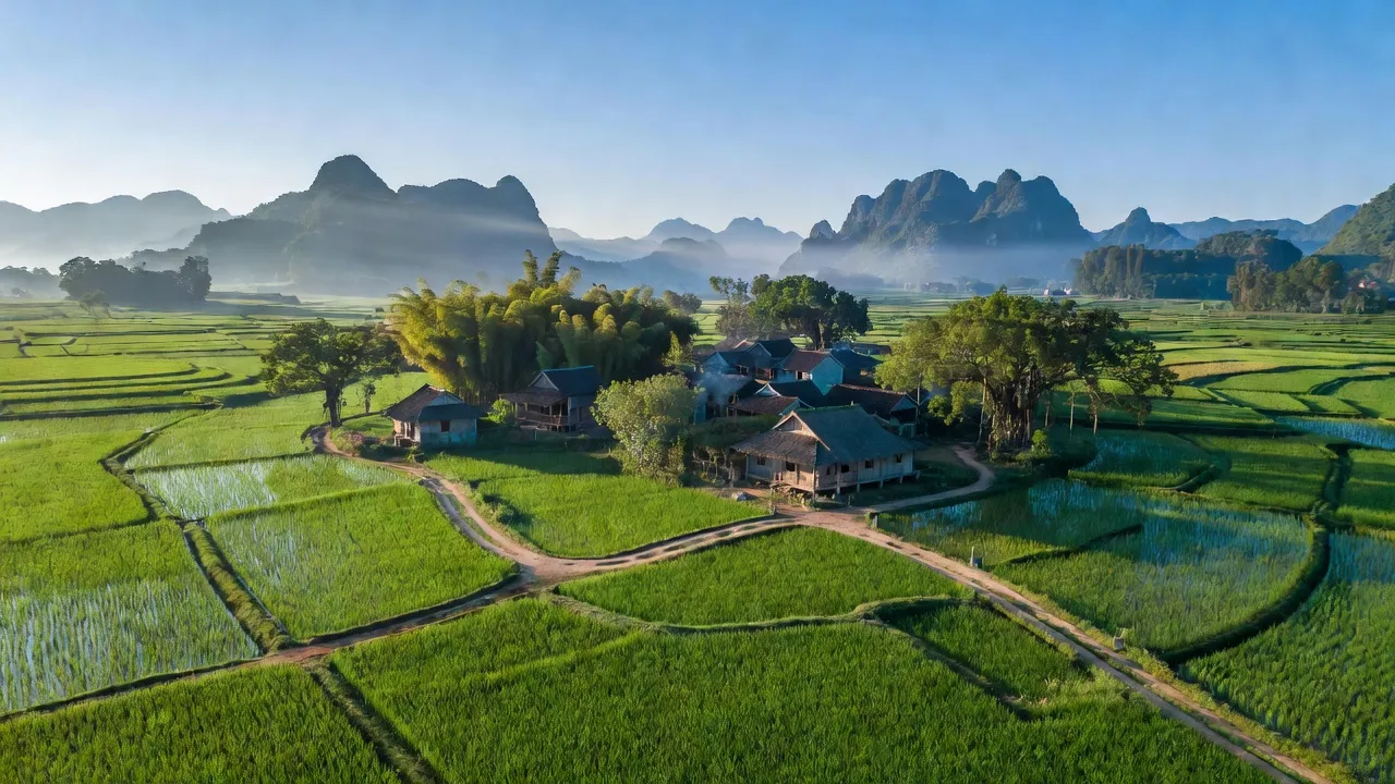 Khung cảnh bình yên ở xã Minh Long, huyện Hạ Lang, tỉnh Cao Bằng với cánh đồng xanh và núi xa.