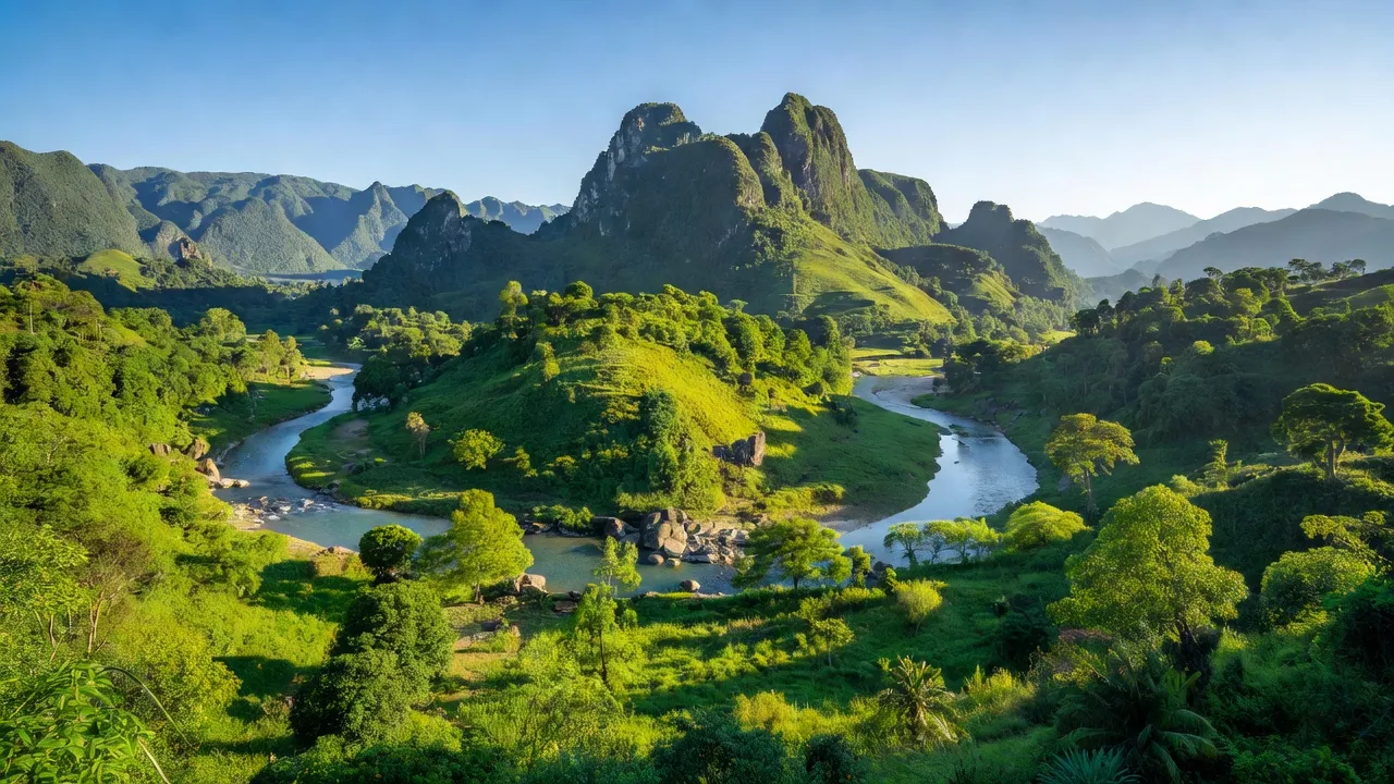 Cảnh quan thiên nhiên tại Xã Quang Long, Huyện Hạ Lang, Tỉnh Cao Bằng, với núi non và sông nước.