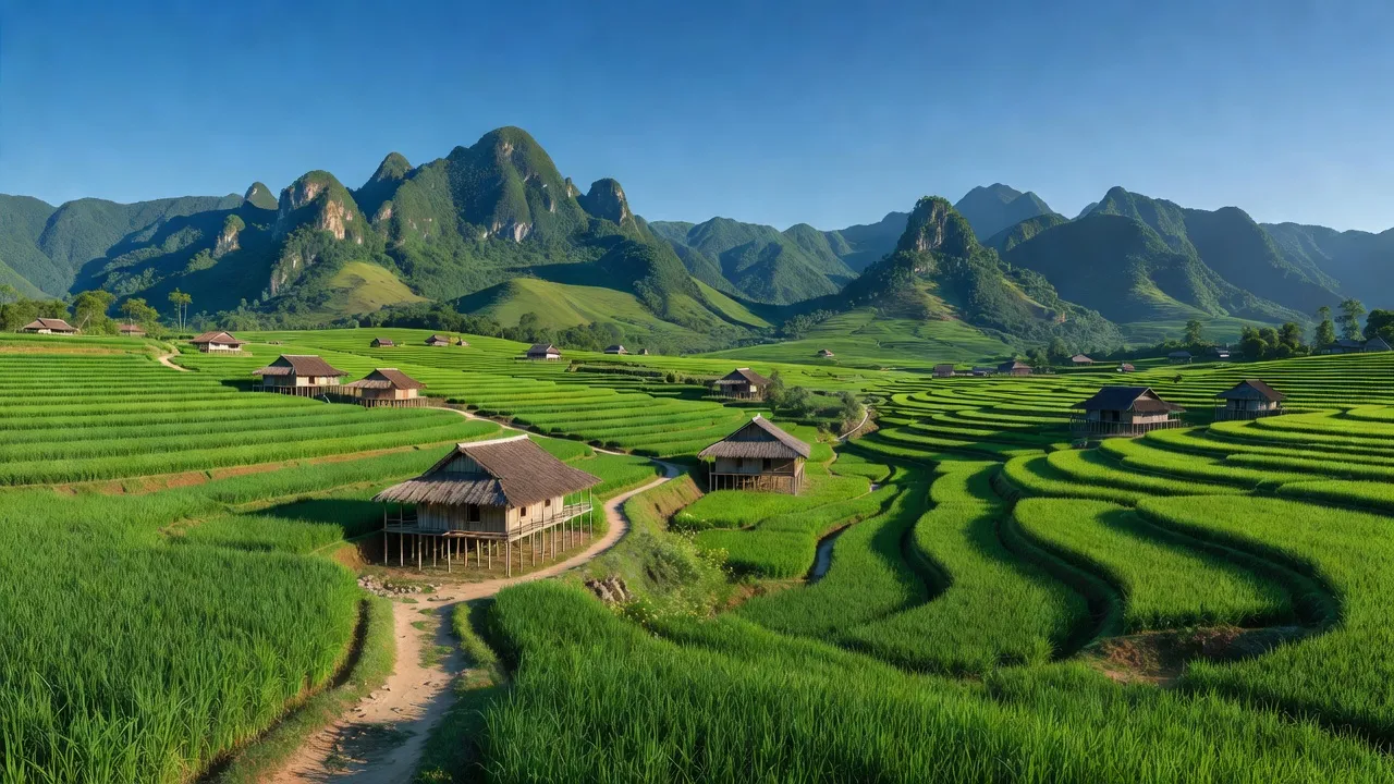 Cảnh quan xã Thắng Lợi, huyện Hạ Lang, tỉnh Cao Bằng, với núi non và nhà truyền thống.