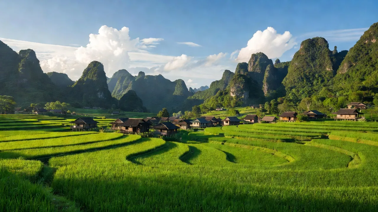 Cảnh thiên nhiên xã Thắng Lợi, huyện Hạ Lang, tỉnh Cao Bằng, với đồng xanh và núi non hùng vĩ.