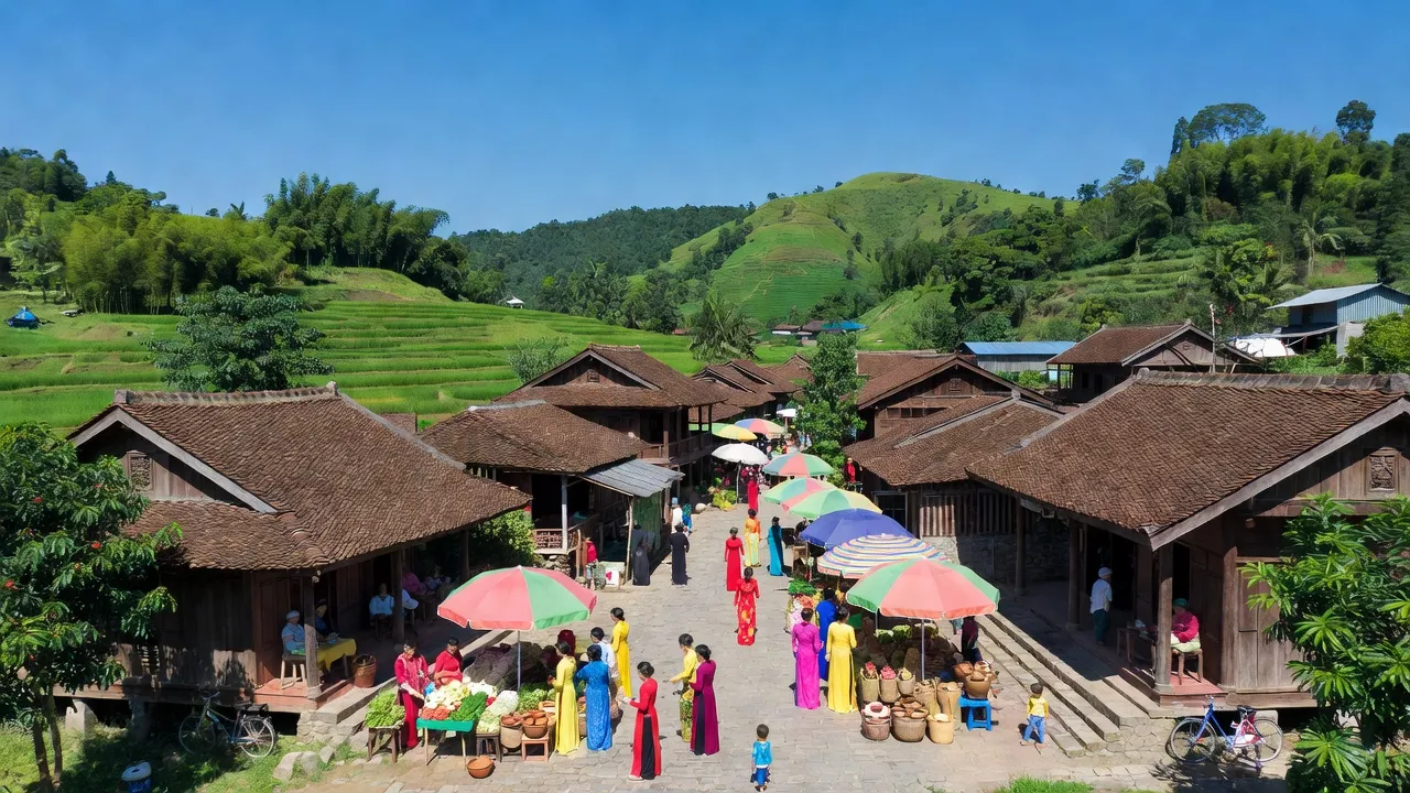 Cảnh quan thị trấn Thanh Nhật, huyện Hạ Lang, tỉnh Cao Bằng với hoạt động giao thương và kiến trúc truyền thống.