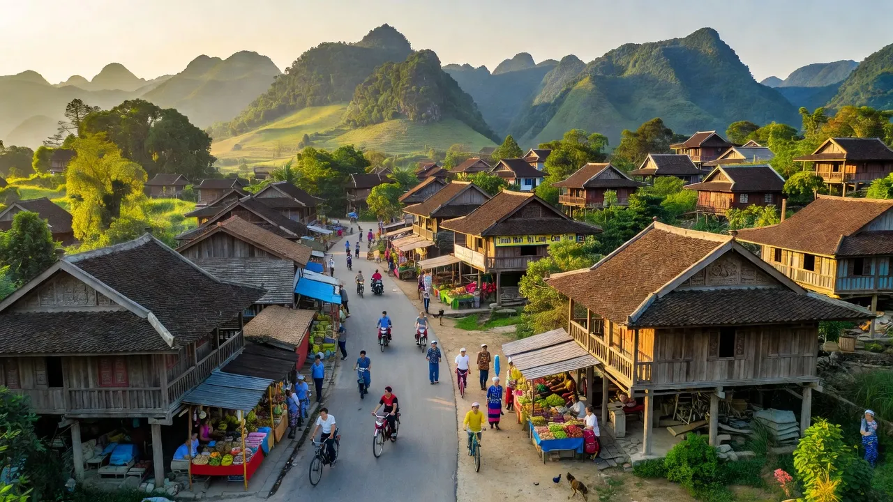 Thị trấn Thanh Nhật, Huyện Hạ Lang, Cao Bằng với cảnh sắc thiên nhiên và cuộc sống nhộn nhịp.