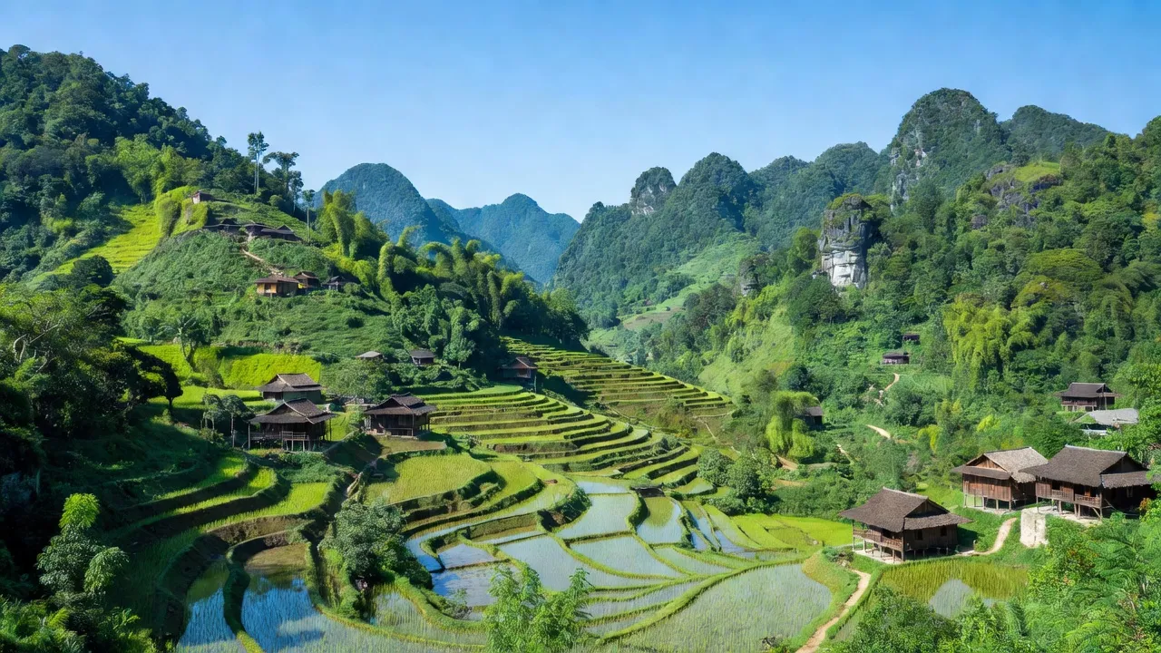 Khung cảnh xã Thị Hoa, huyện Hạ Lang, tỉnh Cao Bằng với núi non và nhà sàn truyền thống.