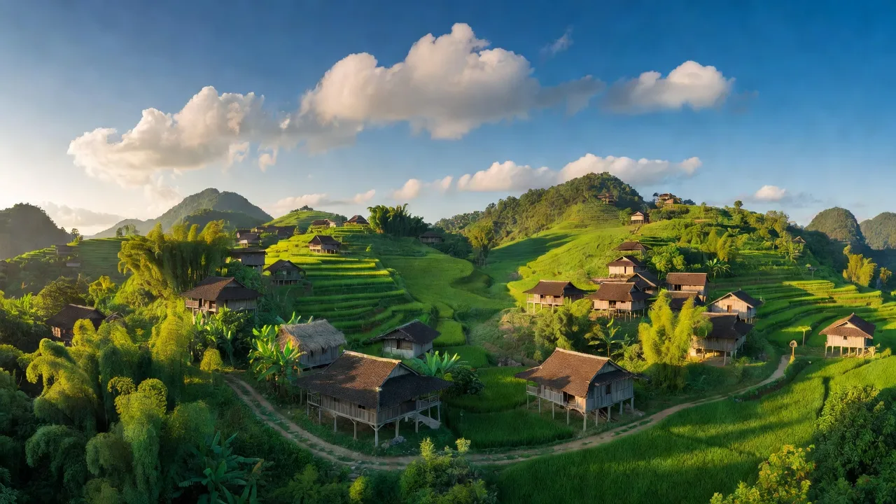 Thị Hoa, Huyện Hạ Lang, Tỉnh Cao Bằng, cảnh đẹp với đồi núi và nhà truyền thống.