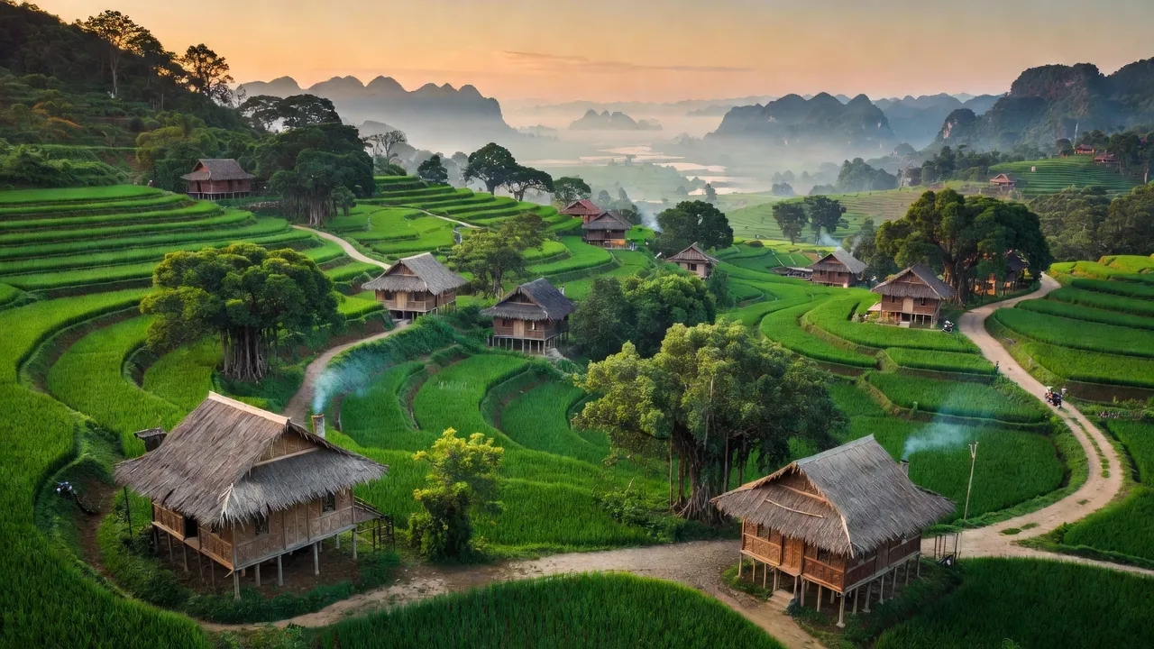 Khung cảnh xã Vinh Quý, huyện Hạ Lang, tỉnh Cao Bằng với núi non xanh tươi và nhà truyền thống.