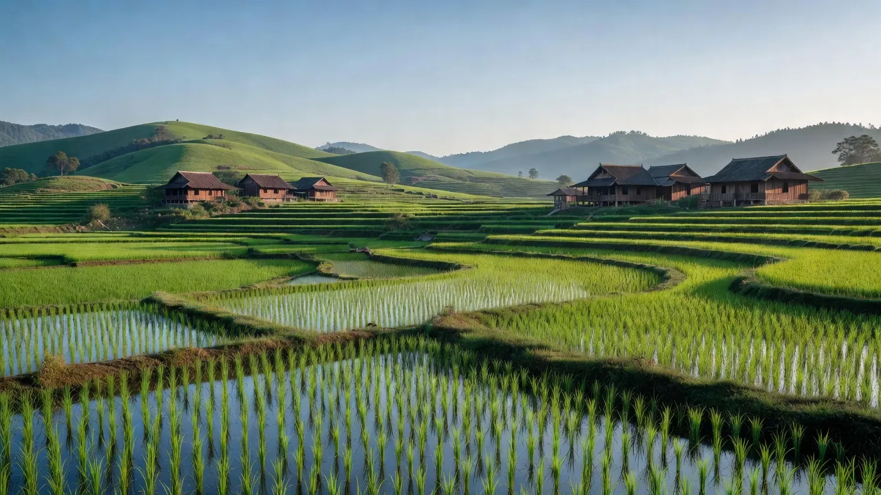 Khung cảnh yên bình ở xã Vinh Quý, huyện Hạ Lang, tỉnh Cao Bằng với đồng ruộng xanh mướt.