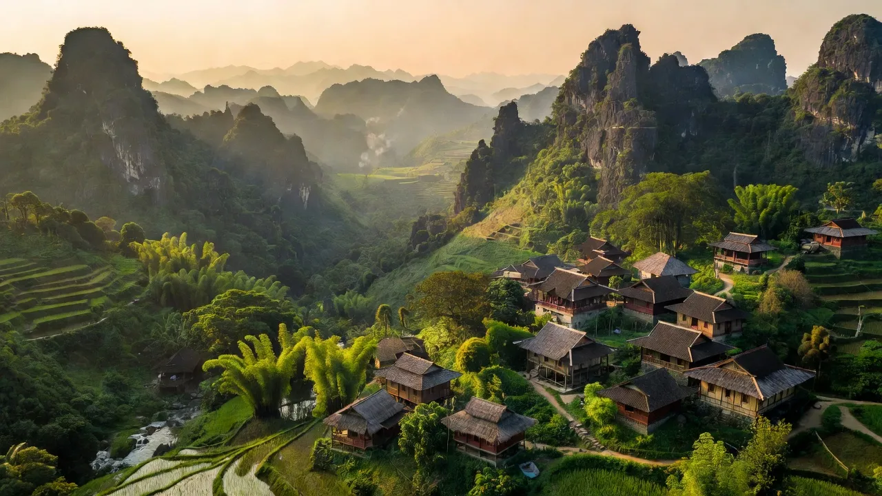 Khung cảnh huyện Hà Quảng, tỉnh Cao Bằng với địa hình núi non, nhà truyền thống, cây cối xanh tươi.