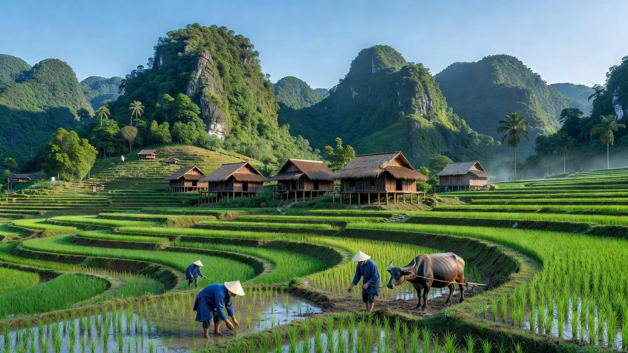 Cảnh đẹp xã Cải Viên, huyện Hà Quảng, tỉnh Cao Bằng với núi non xanh tươi.