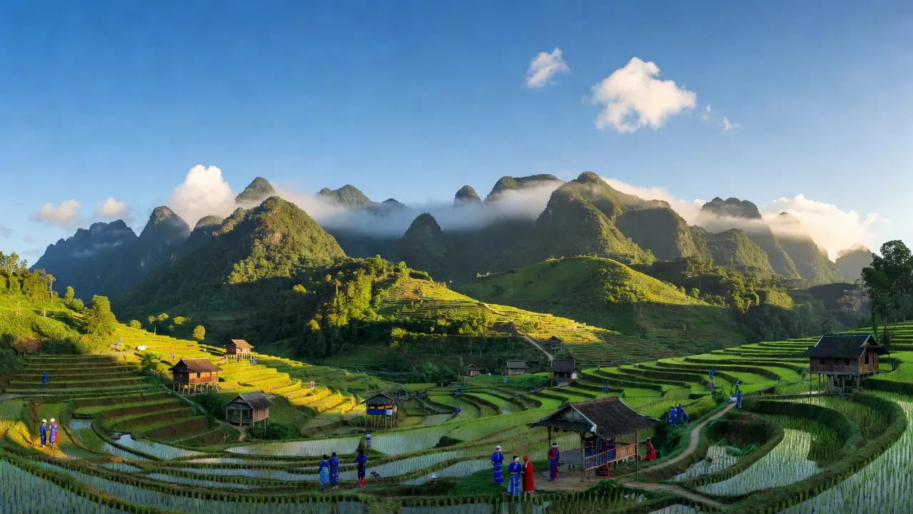 Quang cảnh xã Cần Nông, huyện Hà Quảng, tỉnh Cao Bằng với núi non hữu tình và bầu trời trong xanh.