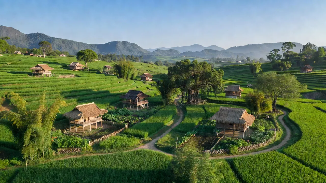 Cảnh đẹp xã Cần Yên, huyện Hà Quảng, tỉnh Cao Bằng với núi non xanh tươi và nhà truyền thống.