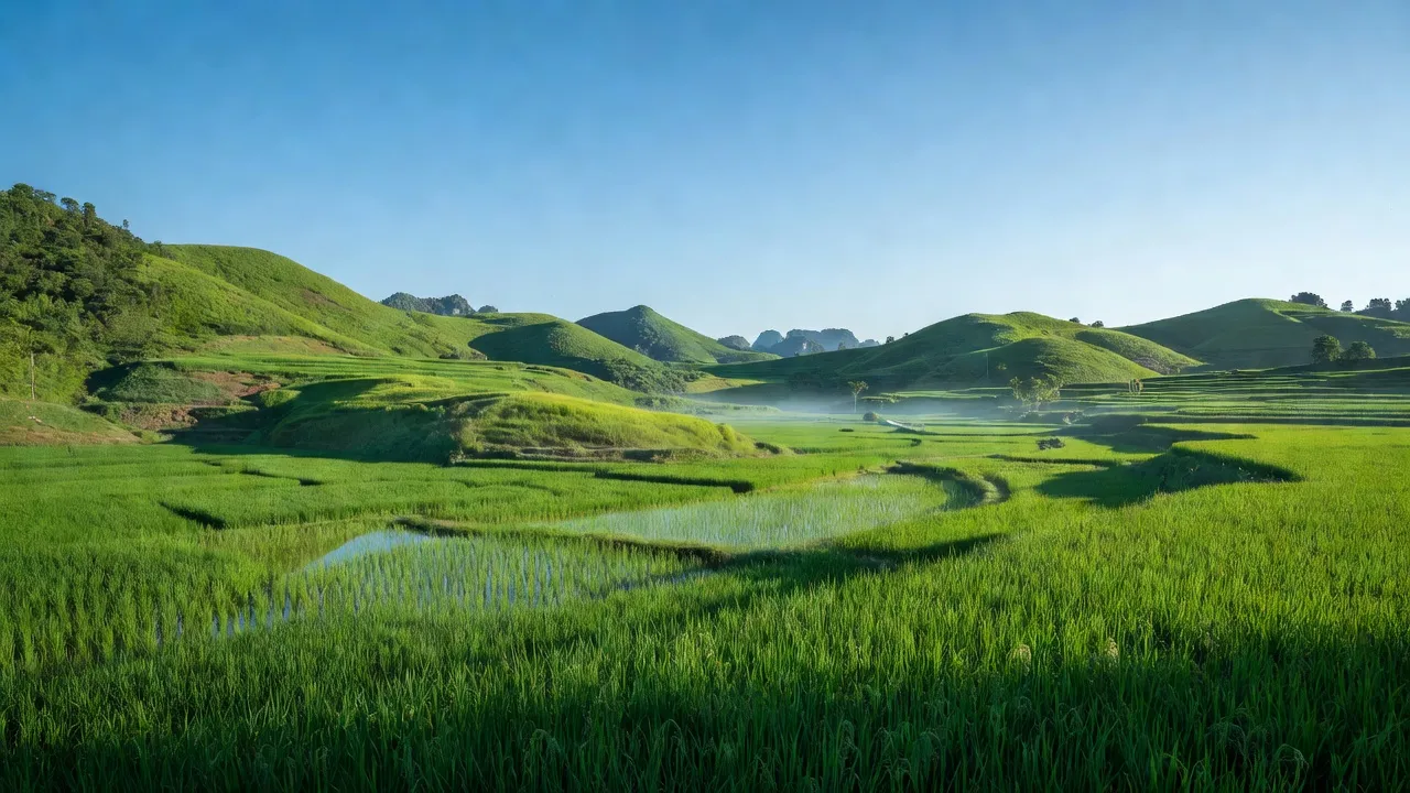 Phong cảnh xã Cần Yên, huyện Hà Quảng, tỉnh Cao Bằng với những cánh đồng xanh và đồi núi.
