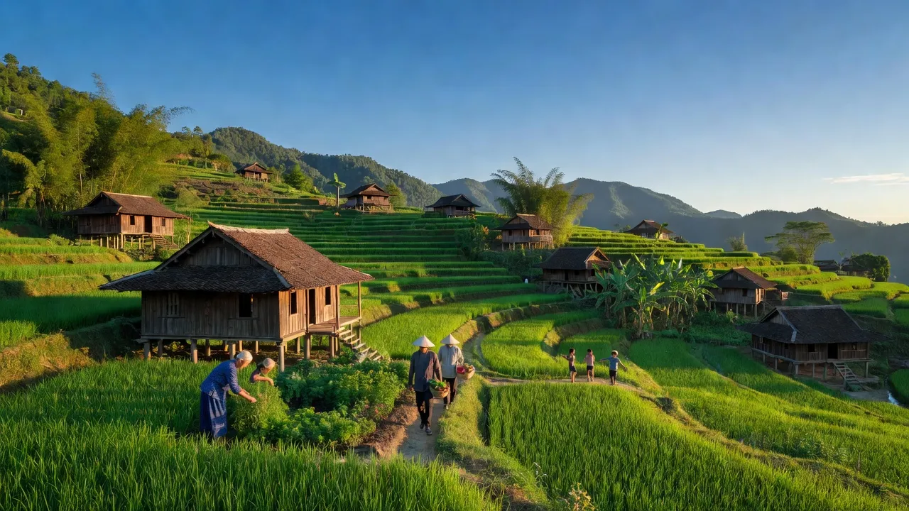 Cảnh quan thiên nhiên xã Đa Thông, huyện Hà Quảng, tỉnh Cao Bằng với đồi xanh tươi và nhà gỗ.