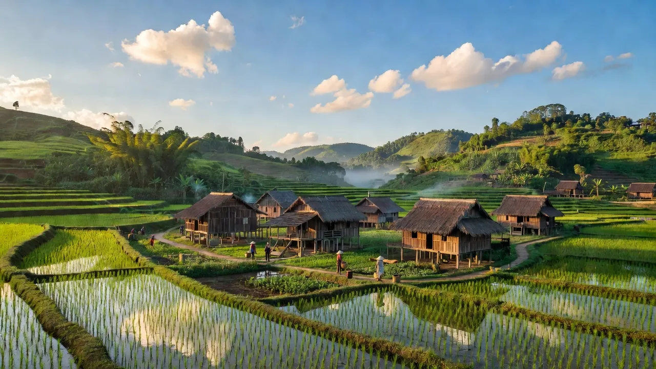 Phong cảnh yên bình xã Lũng Nặm, huyện Hà Quảng, Cao Bằng với cánh đồng xanh, nhà gỗ truyền thống.