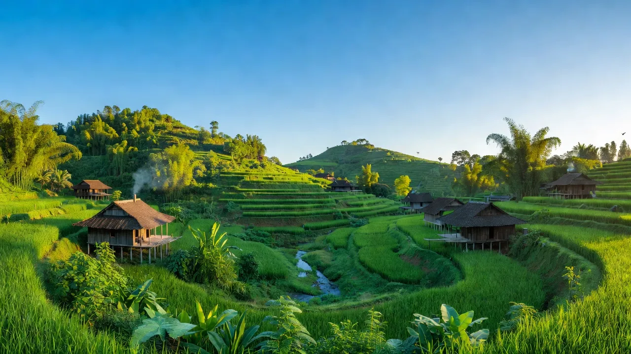Khung cảnh yên bình của xã Lương Thông, huyện Hà Quảng, Cao Bằng với những đồi xanh và nhà truyền thống.