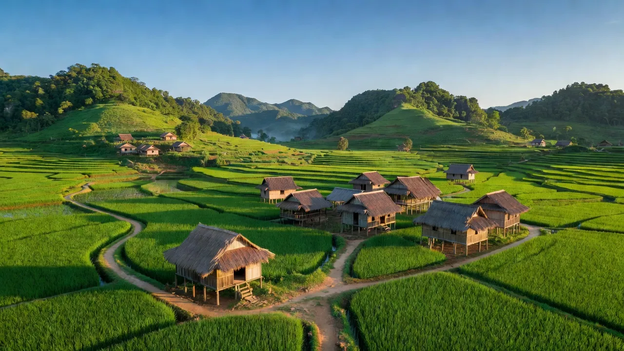 Khung cảnh yên bình tại xã Lương Thông, huyện Hà Quảng, tỉnh Cao Bằng với cánh đồng xanh.