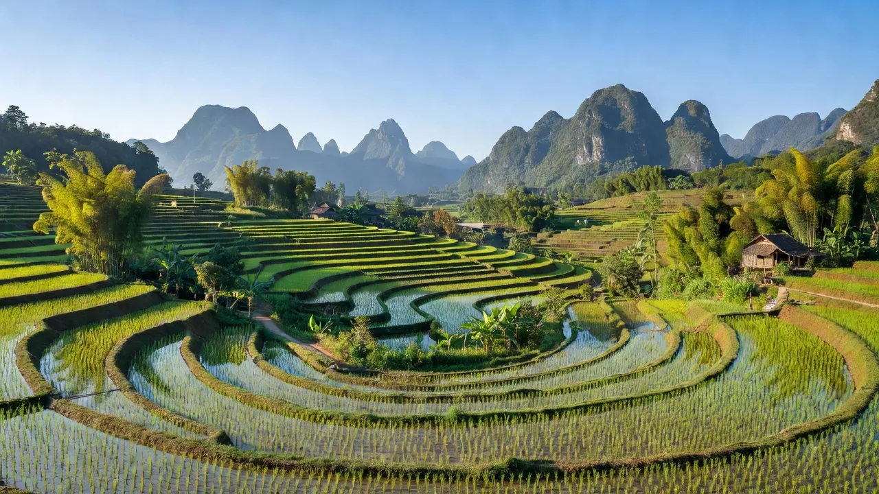 Khung cảnh đồng ruộng bao la ở Xã Mã Ba, Hà Quảng, Cao Bằng với núi non hùng vĩ.