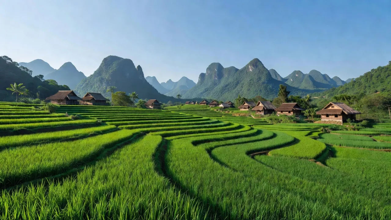 Xã Ngọc Đào, Huyện Hà Quảng, Tỉnh Cao Bằng, with green rice fields and traditional houses.