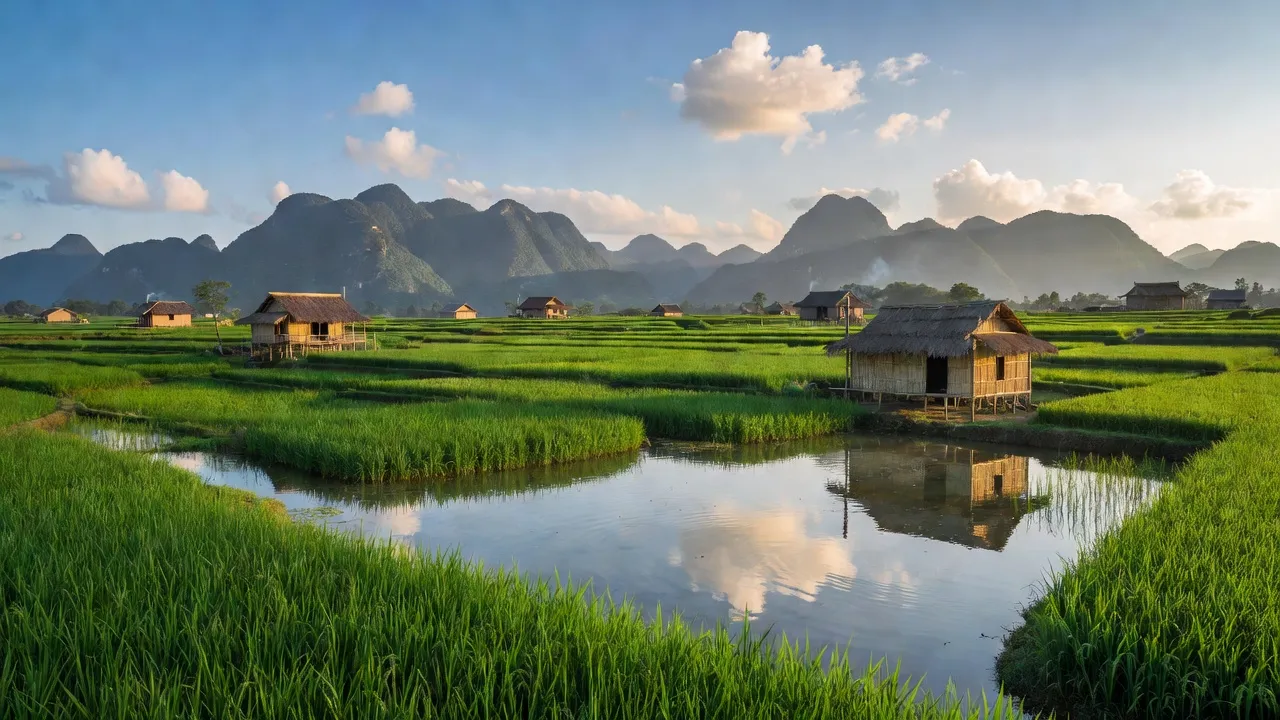 Khung cảnh yên bình ở xã Ngọc Động, huyện Hà Quảng, tỉnh Cao Bằng, với ruộng bậc thang và nhà sàn.