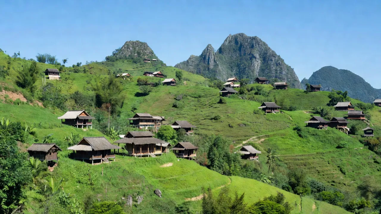 Phong cảnh xã Nội Thôn, huyện Hà Quảng, Cao Bằng với đồi núi và nhà truyền thống.