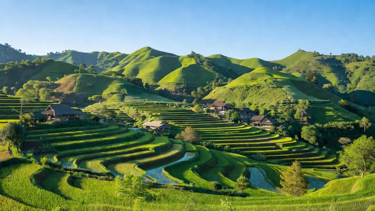 Cảnh đẹp xã Quý Quân, huyện Hà Quảng, tỉnh Cao Bằng với đồi, ruộng bậc thang, và nhà truyền thống.