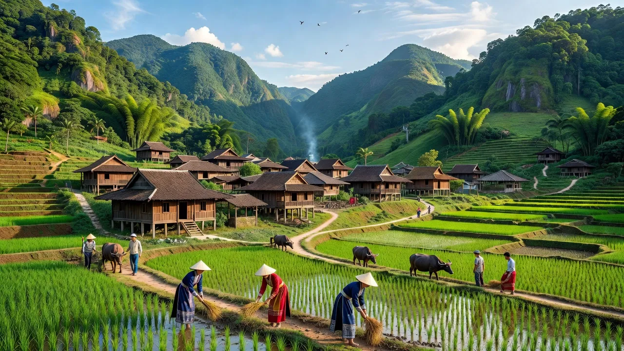 Khung cảnh tuyệt đẹp của xã Quý Quân, huyện Hà Quảng, tỉnh Cao Bằng với núi non xanh tươi và nhà gỗ.