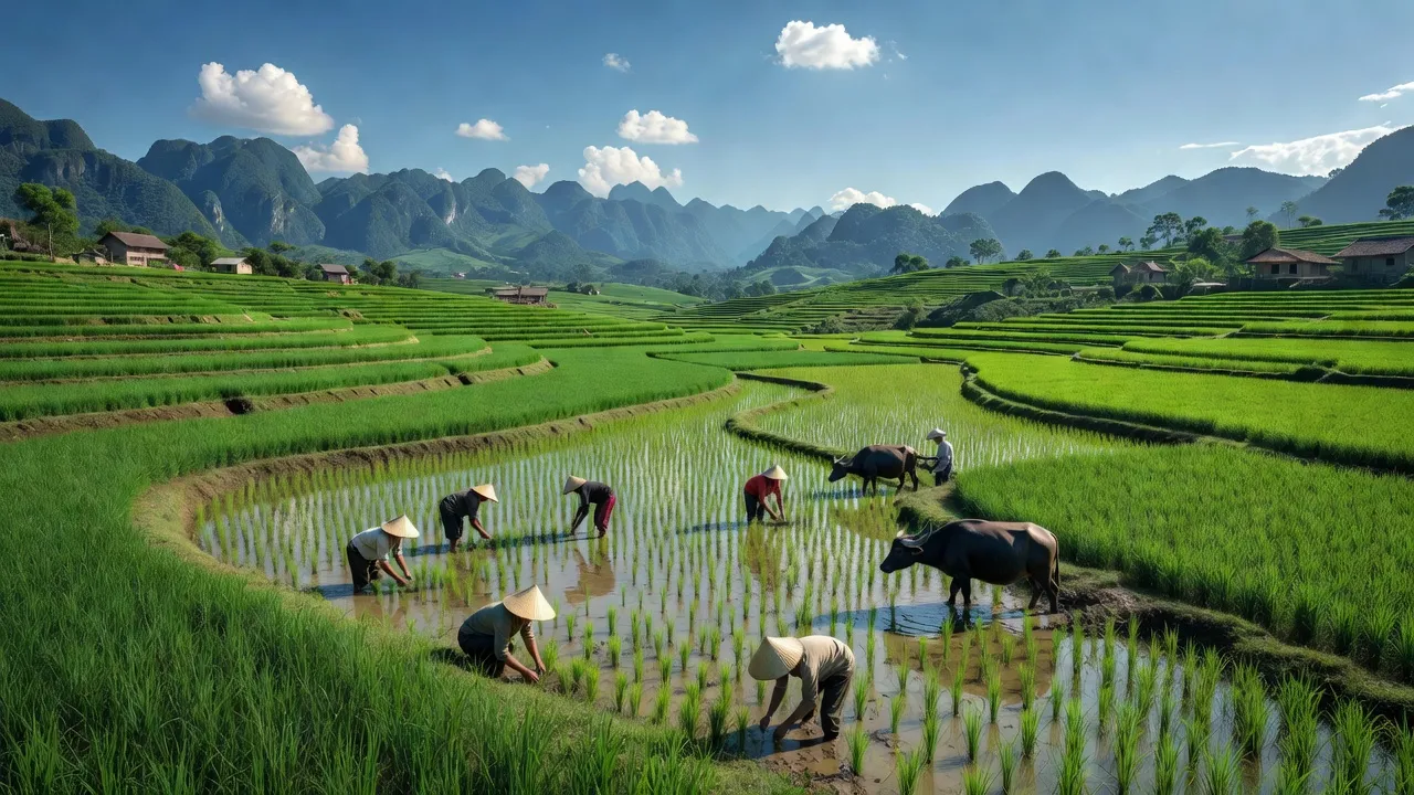 Cảnh quan xã Sóc Hà huyện Hà Quảng, tỉnh Cao Bằng với cánh đồng xanh và núi non.