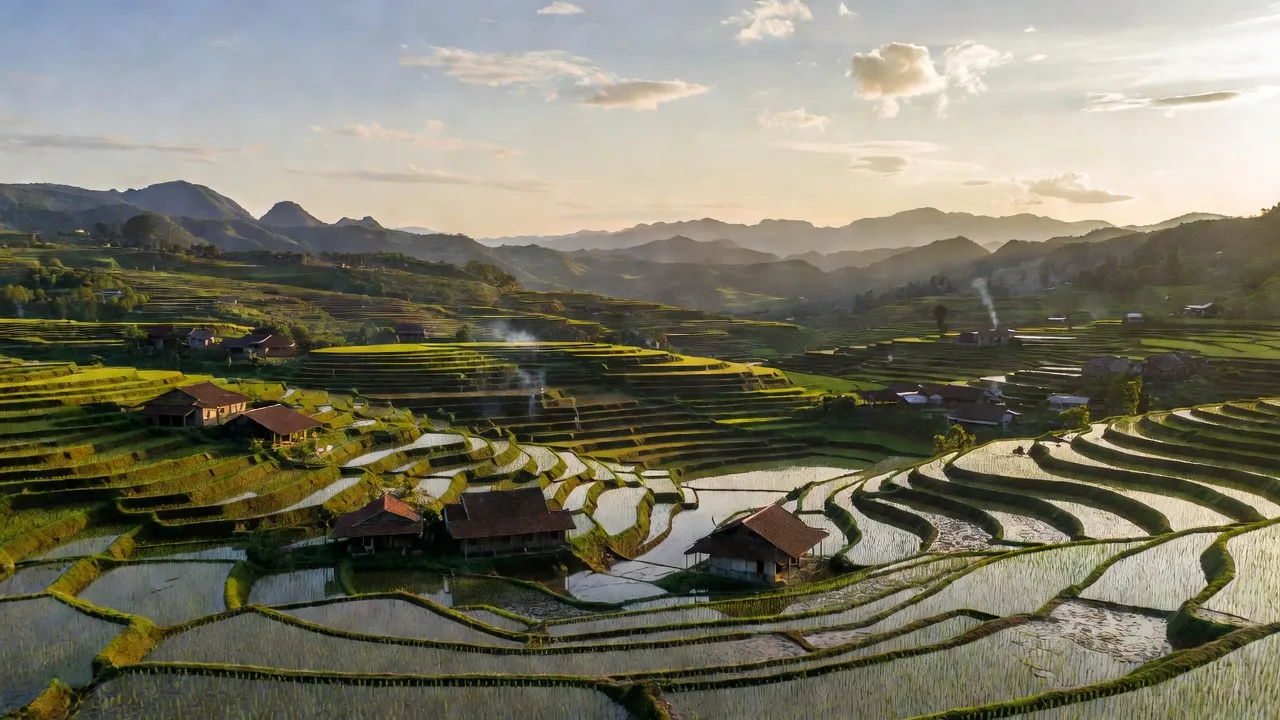 Khung cảnh xã Sóc Hà, huyện Hà Quảng, tỉnh Cao Bằng với ruộng bậc thang và nhà cửa.
