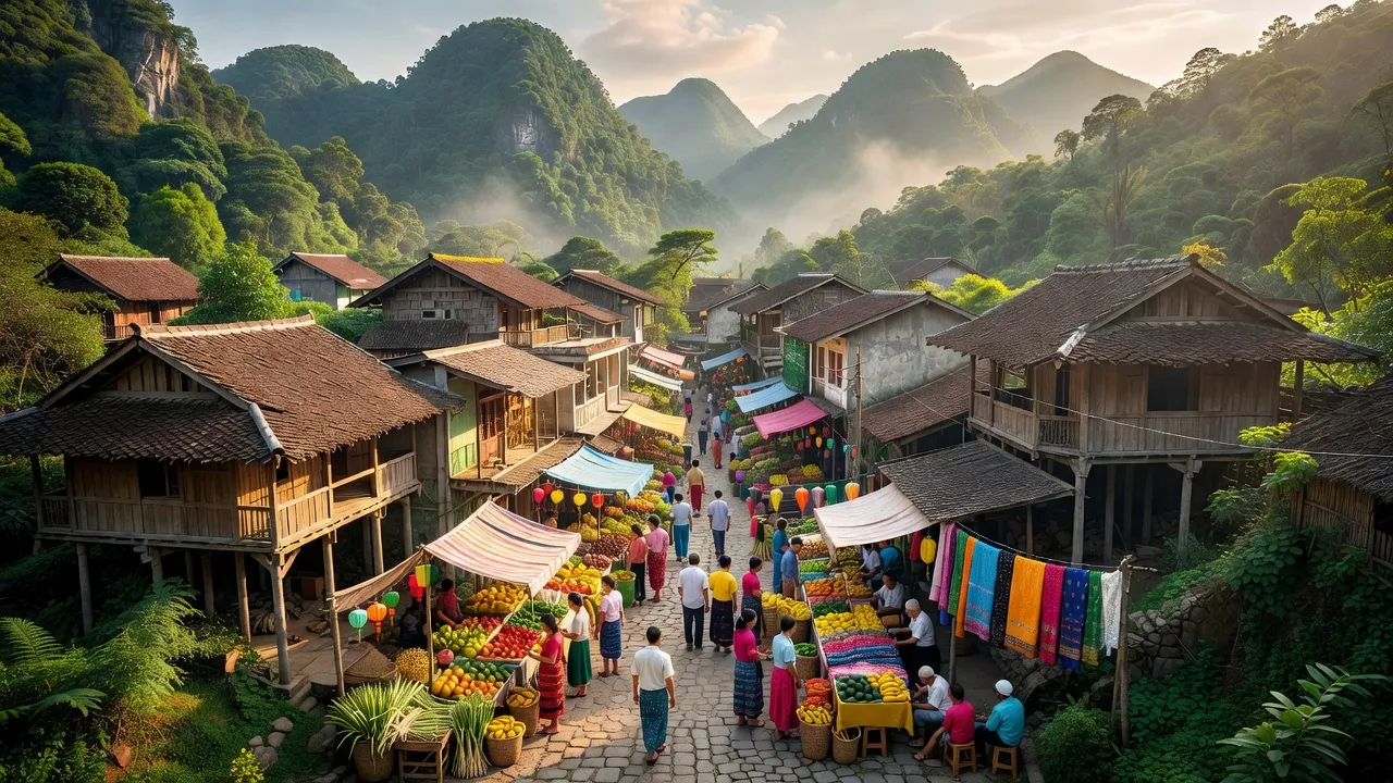 Khung cảnh thị trấn Thông Nông, huyện Hà Quảng, tỉnh Cao Bằng, với kiến trúc địa phương và chợ tấp nập.