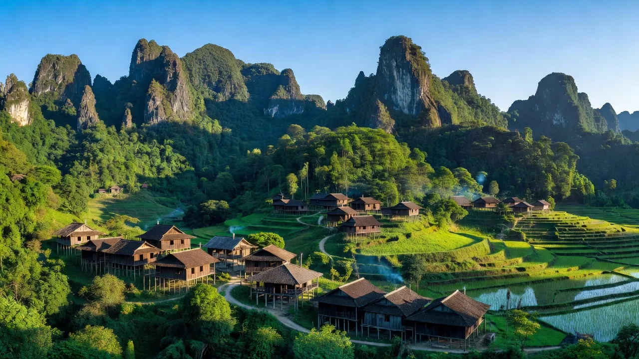 Khung cảnh làng Thượng Thôn, hà quang, nước mỹ, núi đá vôi, rừng xanh, thiên nhiên tuyệt đẹp.