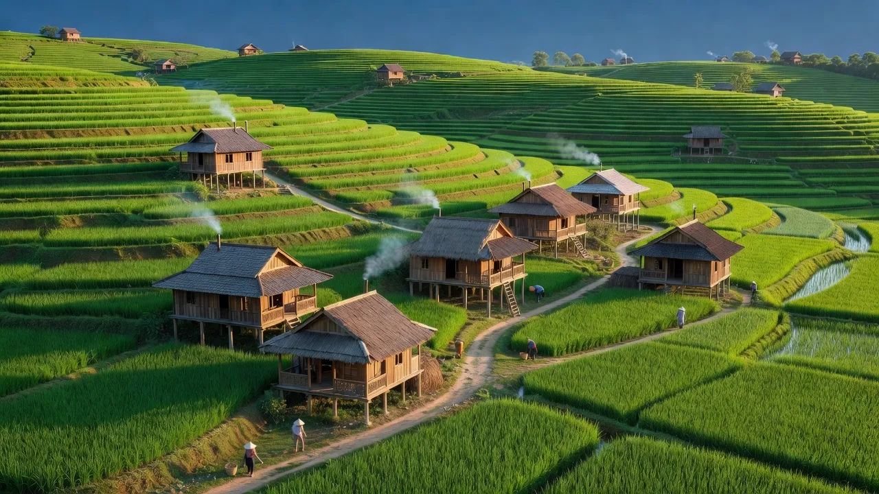 Cảnh đẹp xã Tổng Cọt, huyện Hà Quảng, tỉnh Cao Bằng với những ruộng bậc thang và nhà gỗ truyền thống.
