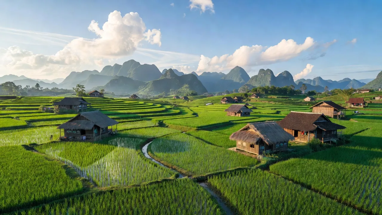 Cảnh đẹp xã Yên Sơn, huyện Hà Quảng, tỉnh Cao Bằng với cánh đồng xanh và núi non.