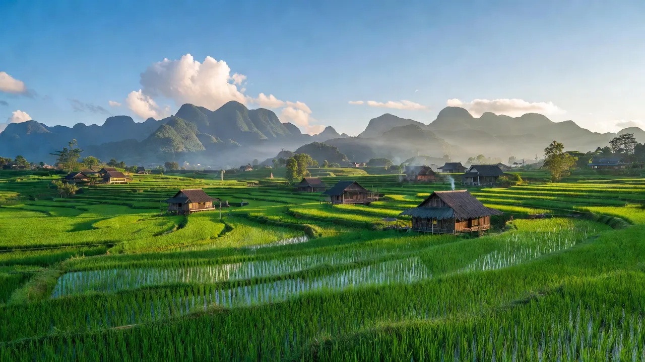 Cảnh đẹp xã Yên Sơn, huyện Hà Quảng, tỉnh Cao Bằng với đồng lúa xanh và núi xa.