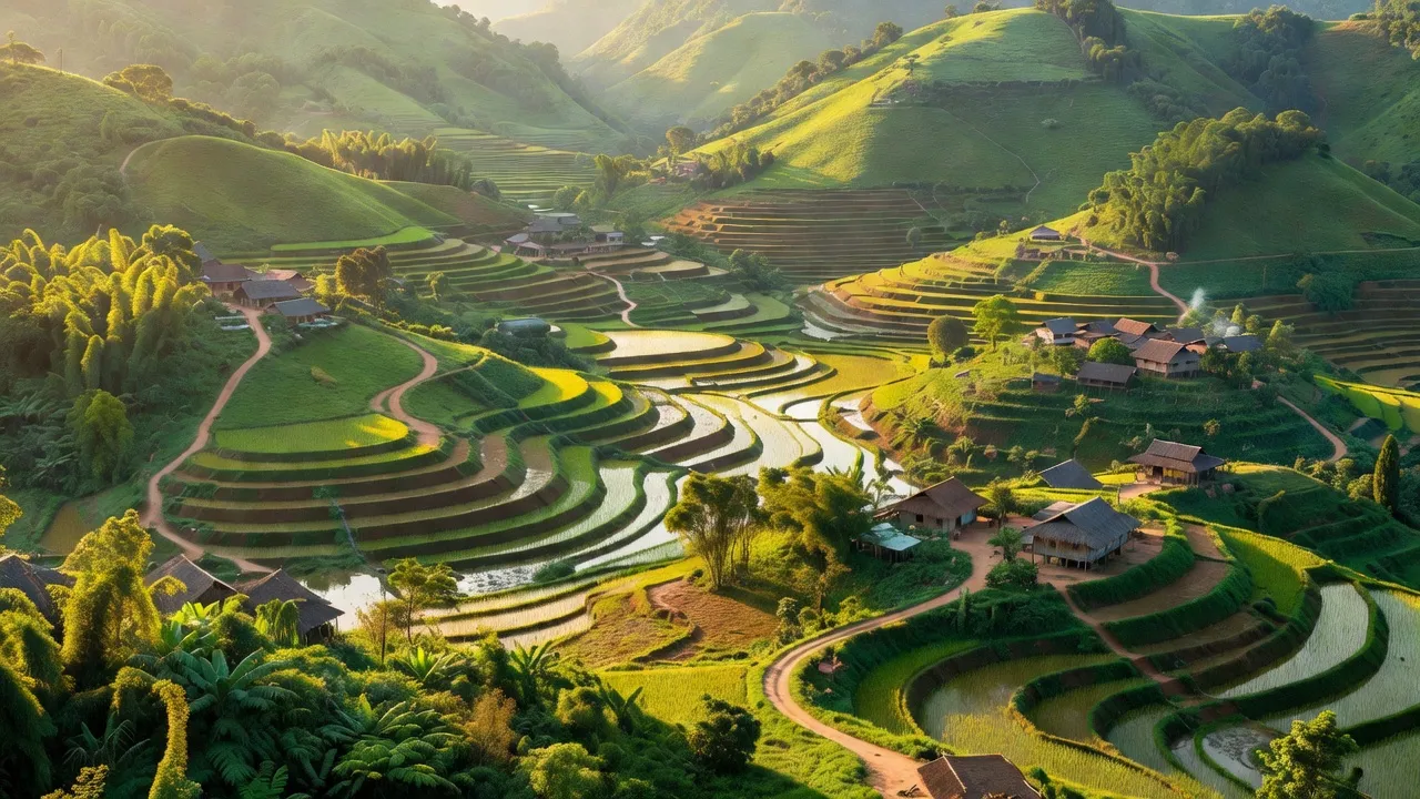 Huyện Hòa An, Cao Bằng với đồi núi xanh, làng quê và ruộng bậc thang, thể hiện vẻ đẹp tự nhiên.