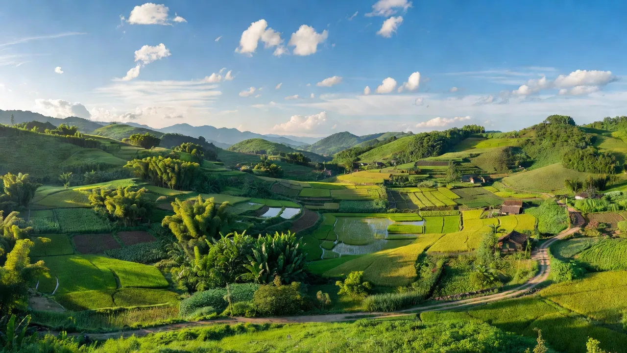 Khung cảnh Xã Bình Dương, Huyện Hoà An, Tỉnh Cao Bằng với đồi núi xanh tươi và trời xanh.