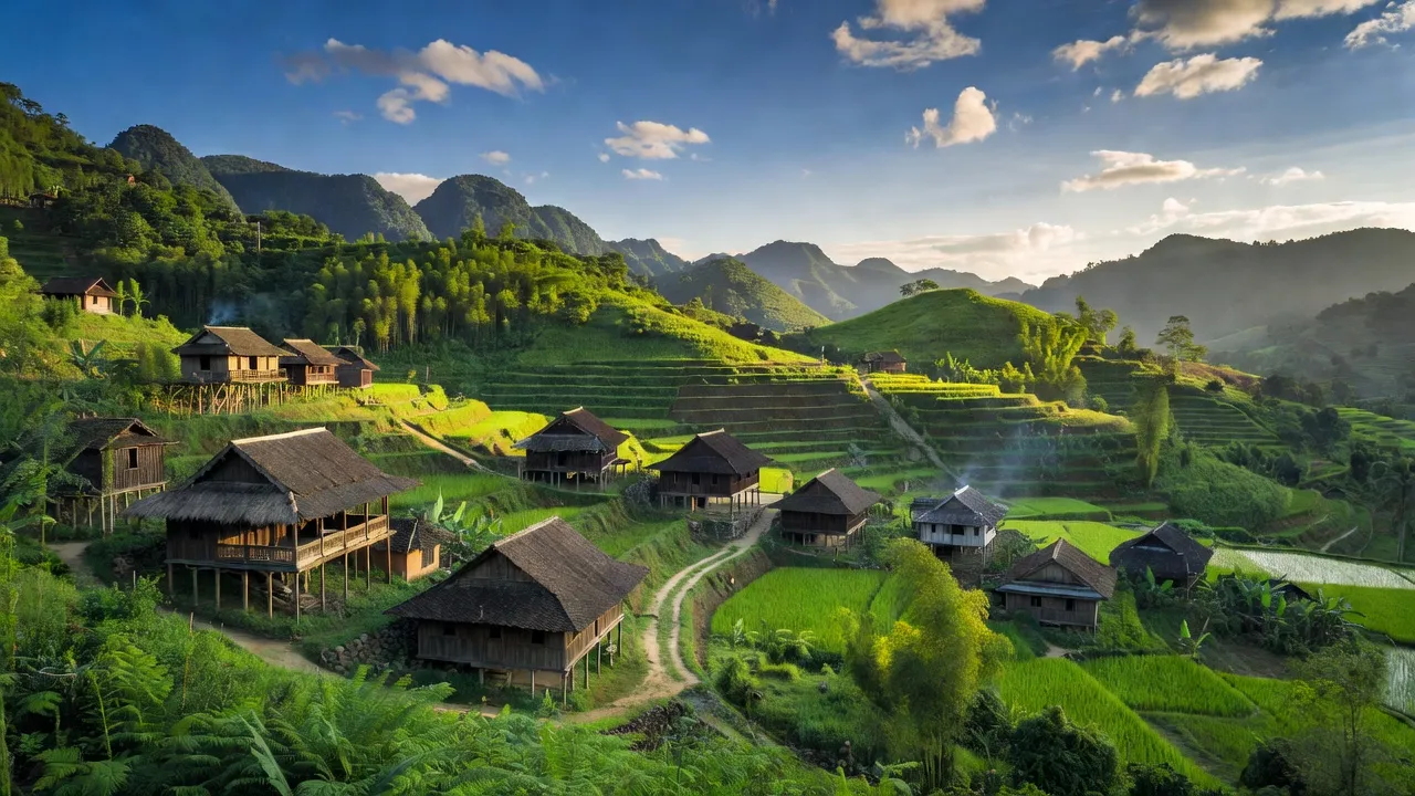 Khung cảnh Xã Đại Tiến, Huyện Hòa An, Tỉnh Cao Bằng với núi non xanh tươi và nhà truyền thống.