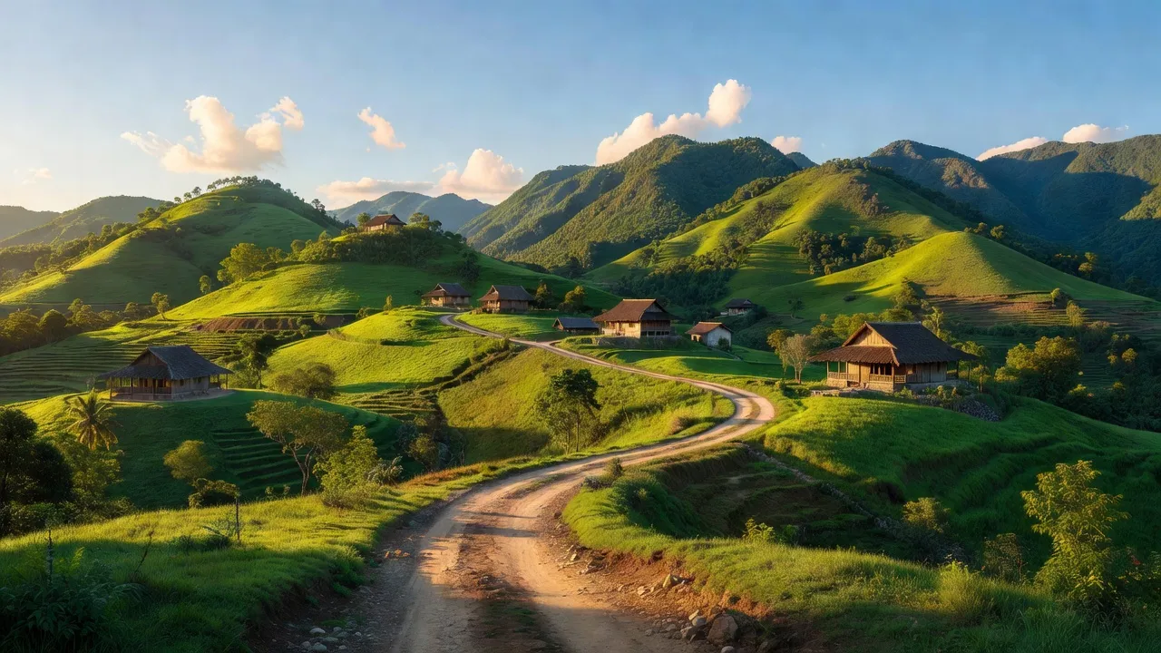 Phong cảnh xã Đại Tiến, huyện Hòa An, tỉnh Cao Bằng với đồi núi và nhà truyền thống.