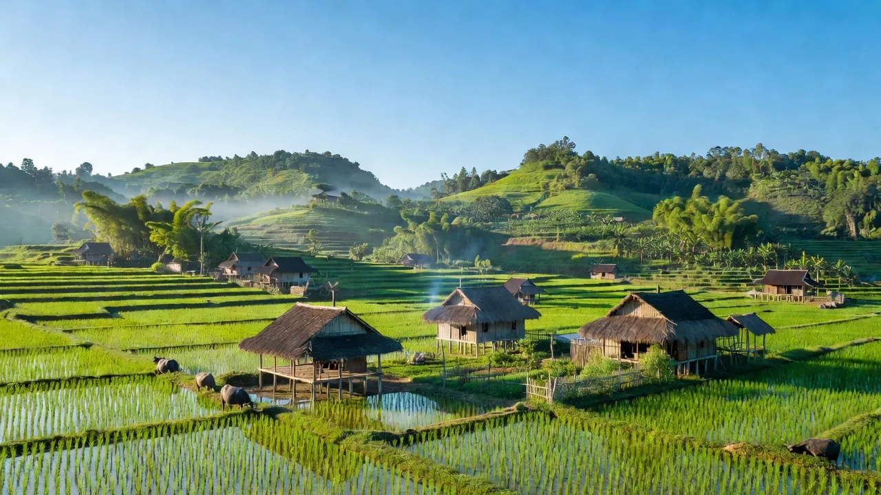 Cảnh sắc xã Hoàng Tung, huyện Hòa An, Cao Bằng với cánh đồng xanh mướt và nhà truyền thống.