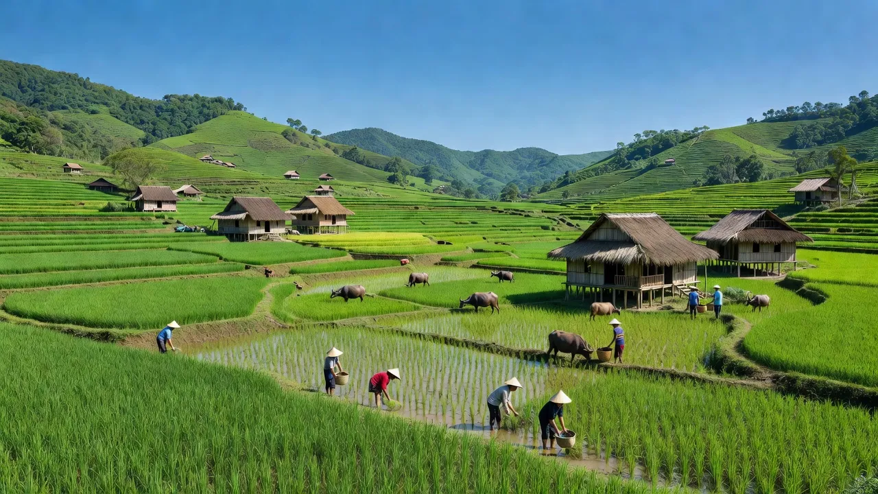Khung cảnh xã Hoàng Tung, huyện Hòa An, tỉnh Cao Bằng với cánh đồng xanh và kiến trúc truyền thống.