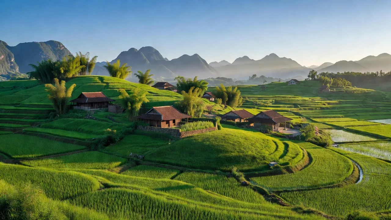 Khung cảnh xã Hồng Nam, huyện Hoà An, tỉnh Cao Bằng với ruộng bậc thang và núi non hùng vĩ.