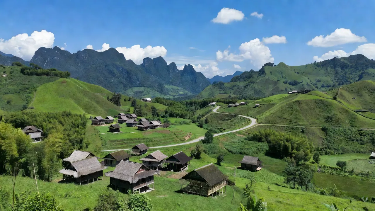 Khung cảnh xã Hồng Việt, huyện Hoà An, tỉnh Cao Bằng với đồi núi xanh tươi và đường đi.